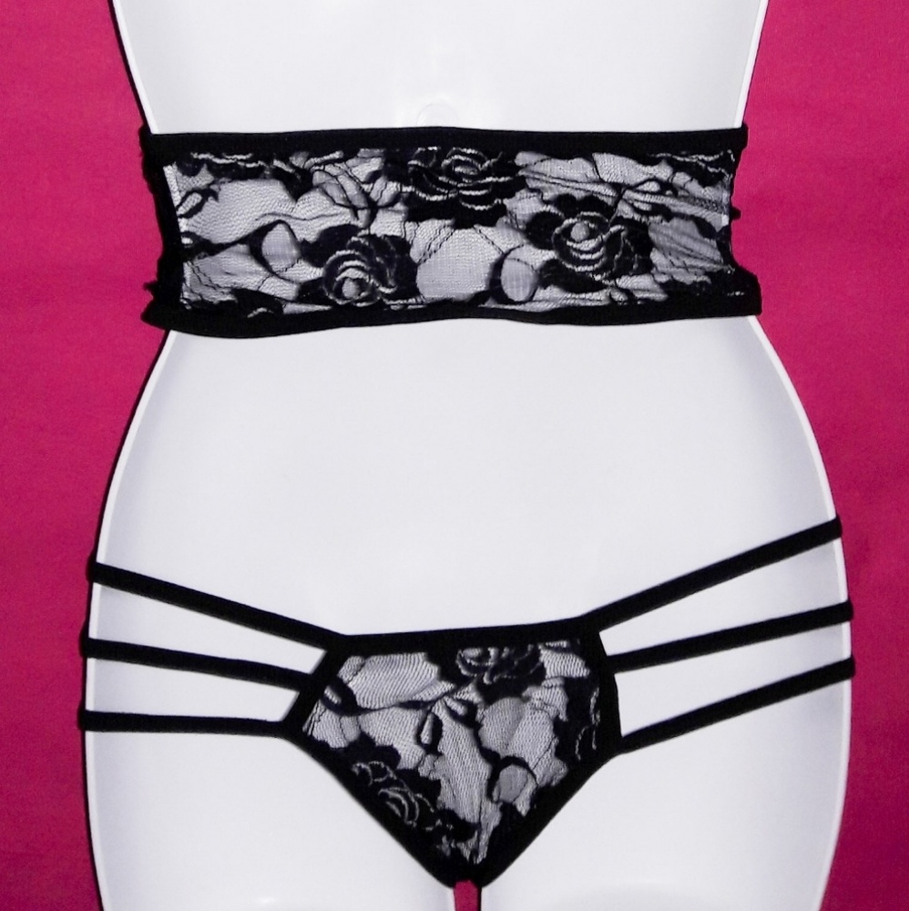 Black Lace Criss Cross Bodice Strappy Bodysuit - Picture 5 of 5